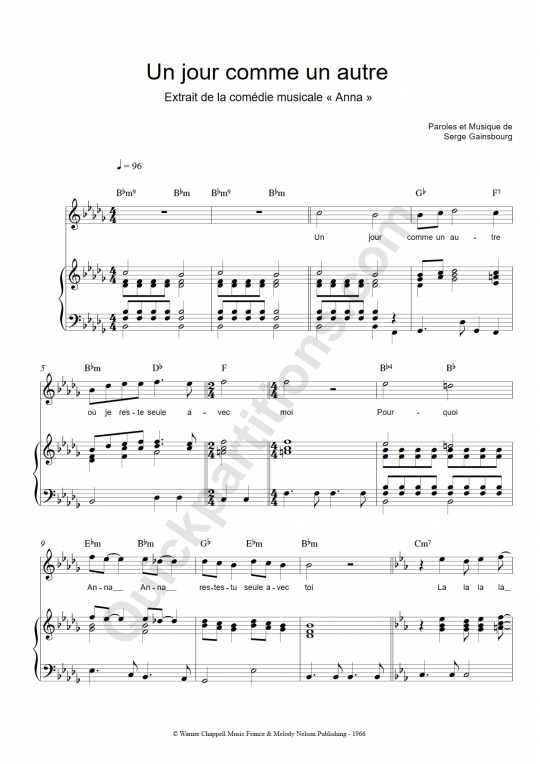 Partition piano Un jour comme un autre - Serge Gainsbourg