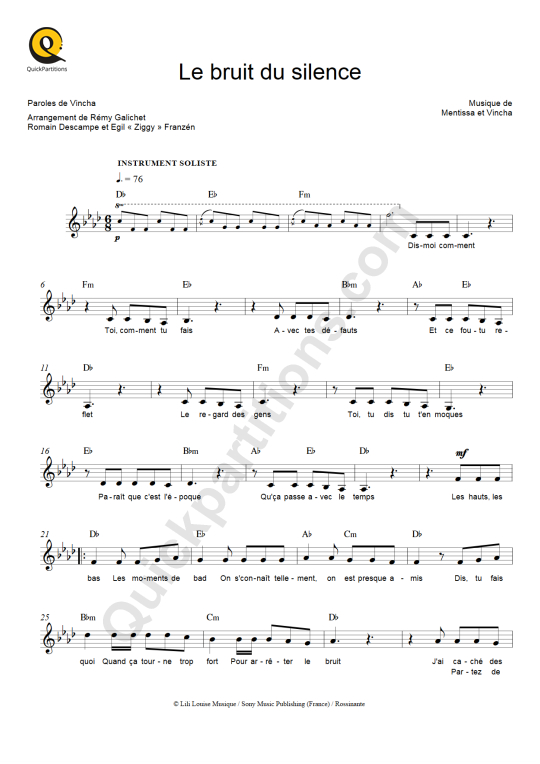 Le bruit du silence Leadsheet Sheet Music - Mentissa