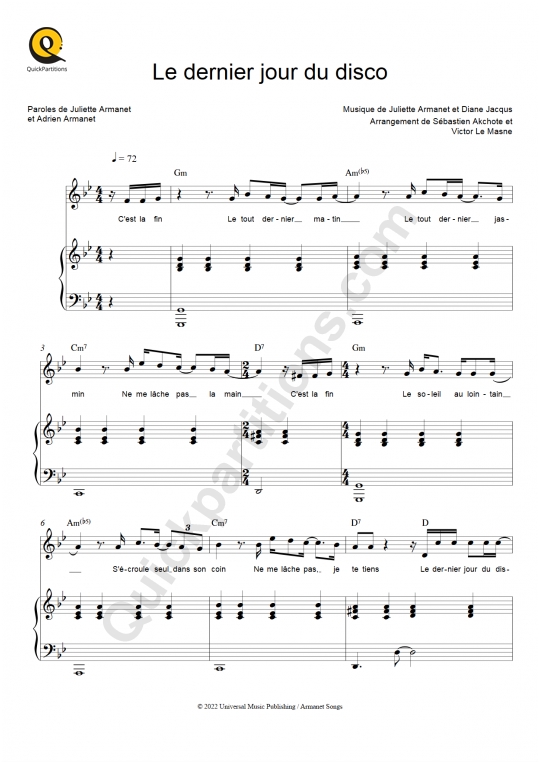 Partition piano Le dernier jour du disco - Juliette Armanet