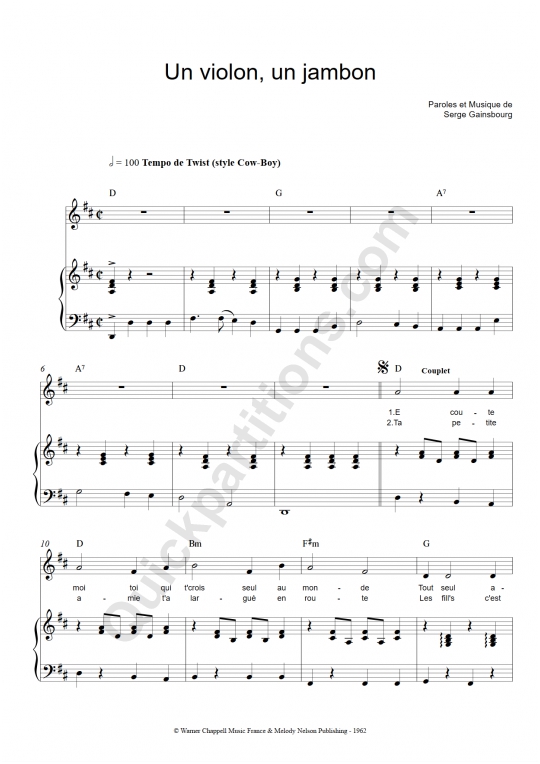 Partition piano Un violon un jambon - Serge Gainsbourg