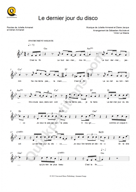 Partition pour Instruments Solistes Le dernier jour du disco - Juliette Armanet
