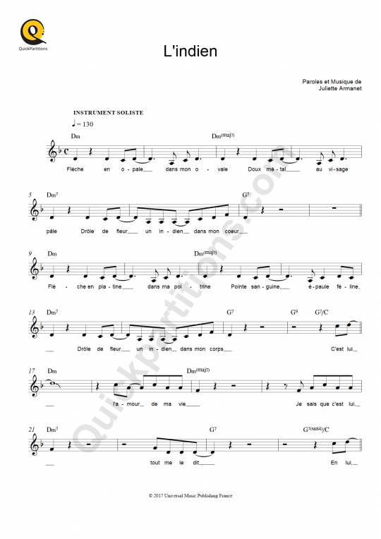 Partition pour Instruments Solistes L'indien - Juliette Armanet