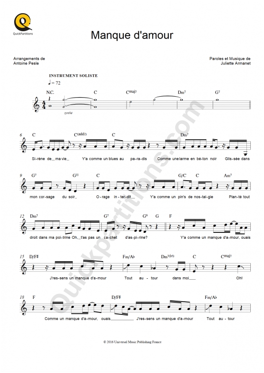Partition pour Instruments Solistes Manque d'amour - Juliette Armanet