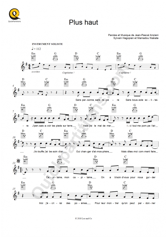 Partition pour Instruments Solistes Plus haut (radio edit) - Claudio Capéo