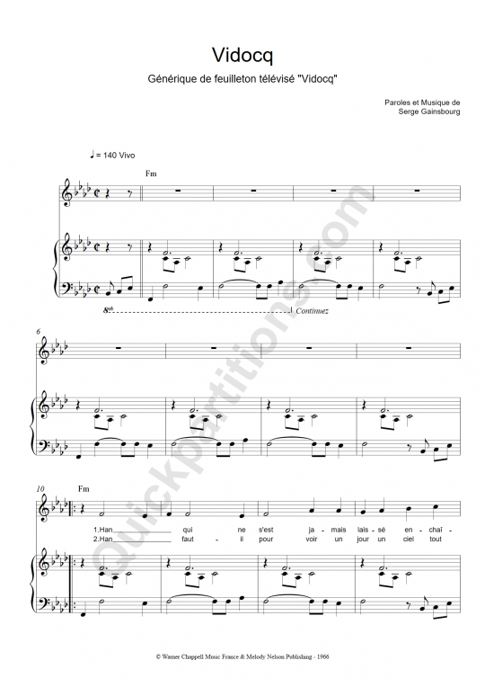 Partition piano Vidocq - Serge Gainsbourg