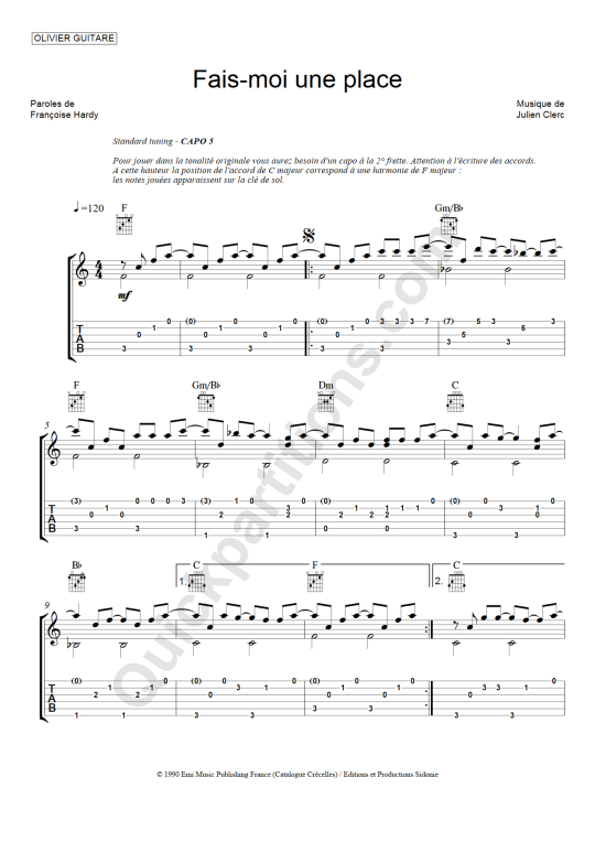 Tablature Guitare Fais-moi une place - Olivier Gaucher