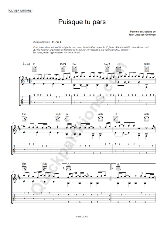 Tablature Guitare Puisque tu pars - Olivier Gaucher