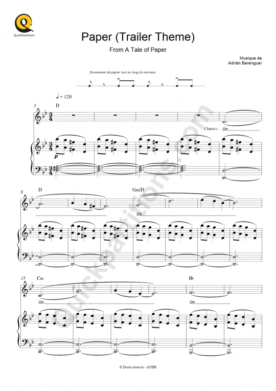 Paper (Trailer Theme) Piano and Solo Instrument Sheet Music - Berenguer Adrián