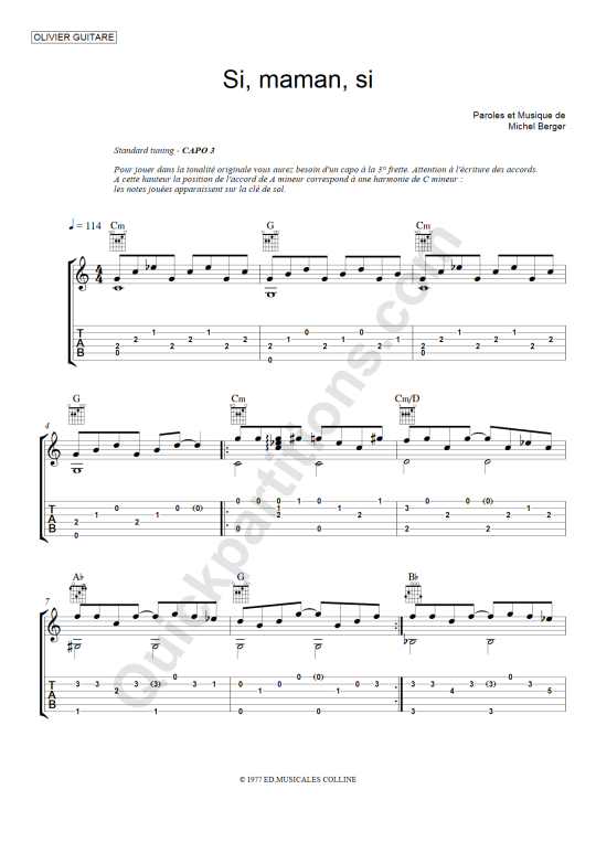 Si maman si Guitar Tab - Olivier Gaucher