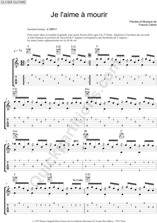 Tablature Guitare Je l'aime à mourir - Olivier Gaucher