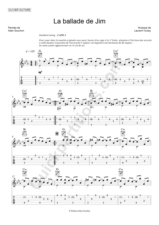 Tablature Guitare La ballade de Jim - Olivier Gaucher