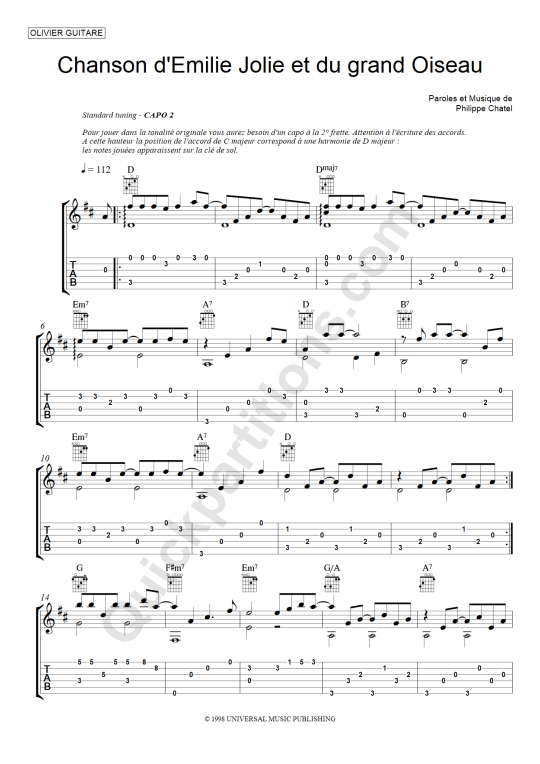 Tablature Guitare Chanson d'Emilie Jolie et du grand oiseau - Olivier Gaucher