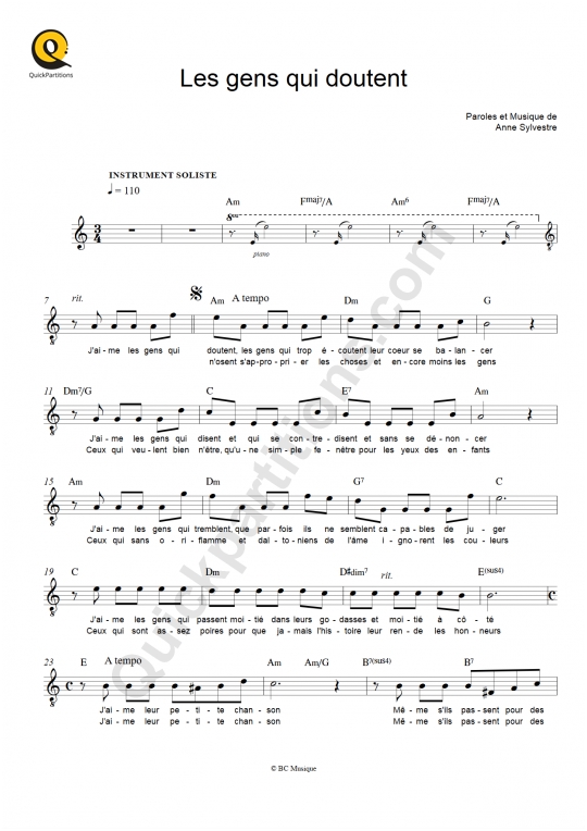Partition pour Instruments Solistes Les gens qui doutent - Anne Sylvestre