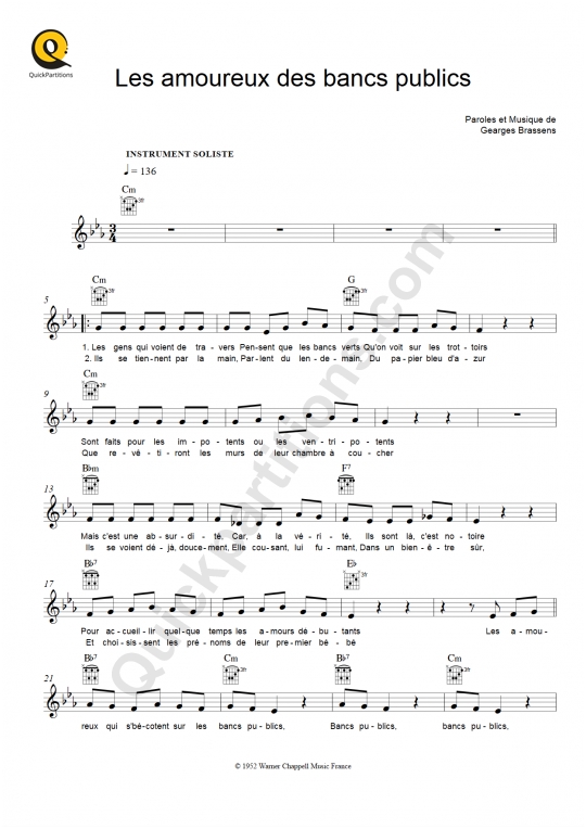 Les amoureux des bancs publics Leadsheet Sheet Music - Georges Brassens