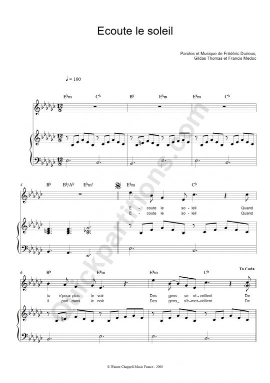 Ecoute le soleil Piano Sheet Music - Zut