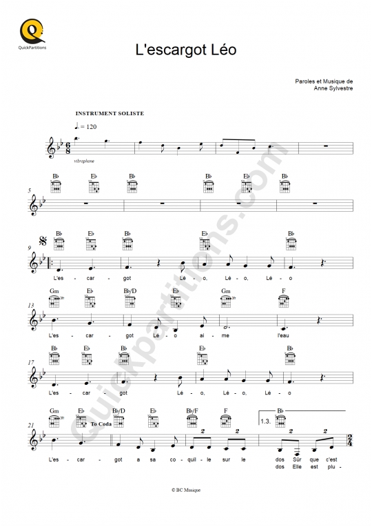 Partition pour Instruments Solistes L'escargot Léo - Les Fabulettes d'Anne Sylvestre