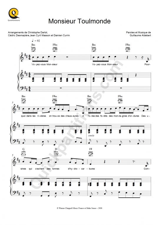 Monsieur Toulmonde Piano Sheet Music - Aldebert