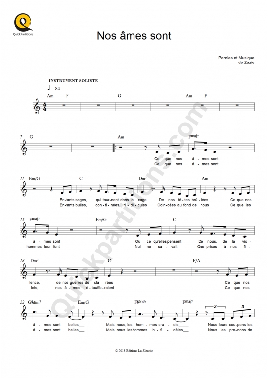 Partition pour Instruments Solistes Nos âmes sont - Zazie