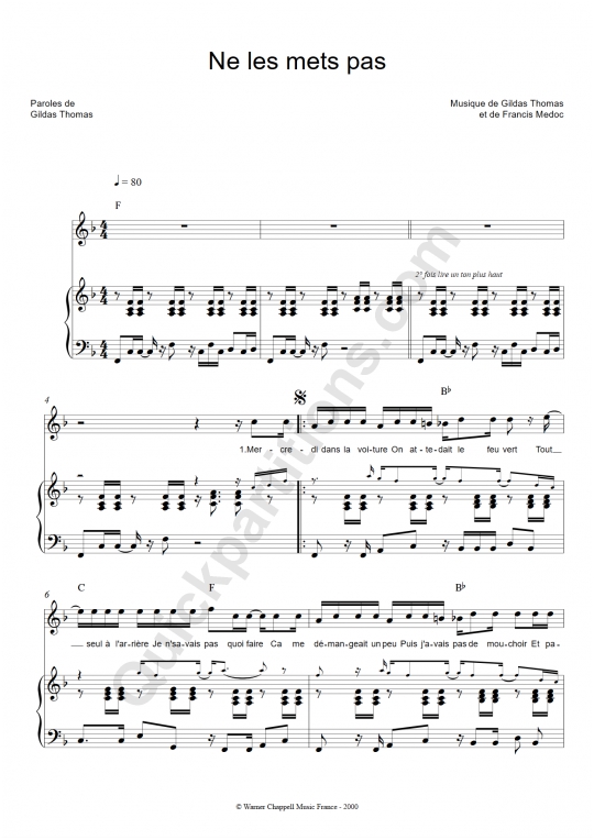 Partition piano Ne les mets pas - Zut