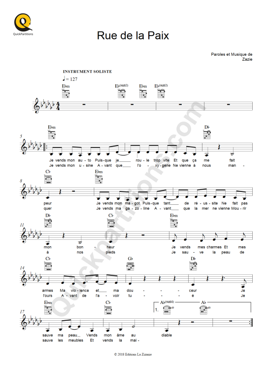 Rue de la Paix Leadsheet Sheet Music - Zazie