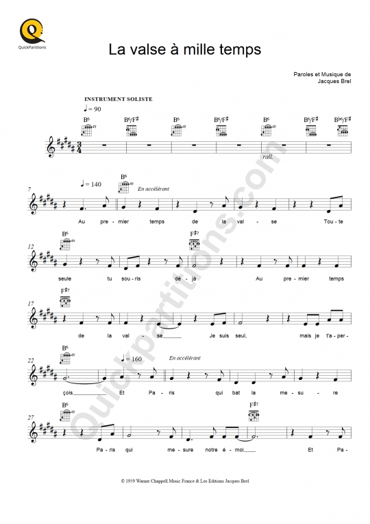 La valse à mille temps Leadsheet Sheet Music - Jacques Brel