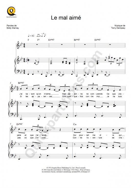 Le mal aimé Piano Sheet Music - Claude Francois