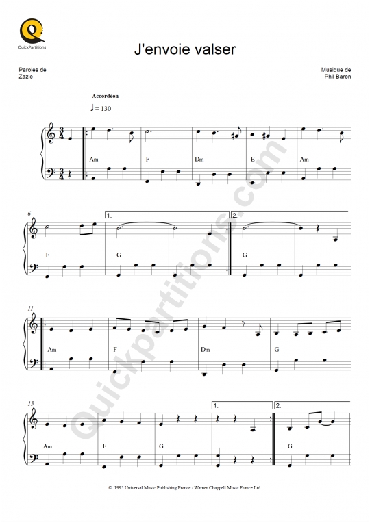 Partition accordéon J'envoie valser - Zazie