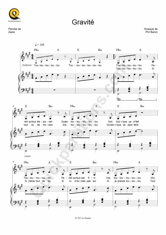 Partition piano Gravité - Zazie