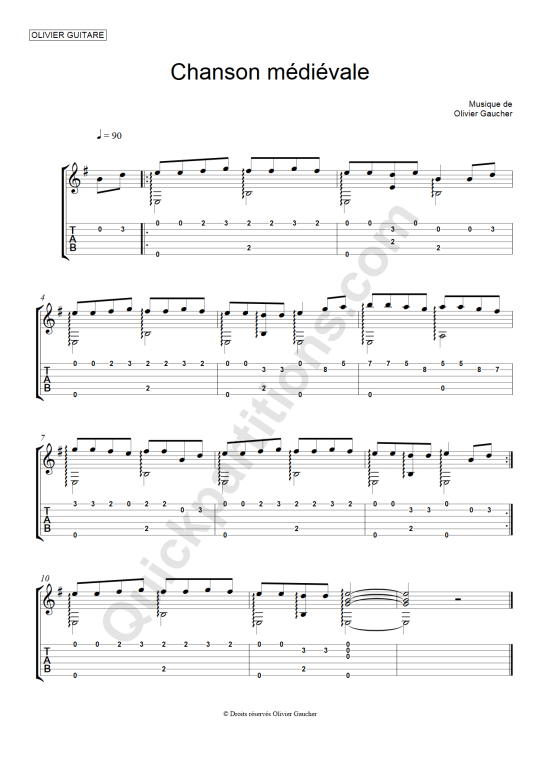 Tablature Guitare Chanson médiévale - Olivier Gaucher