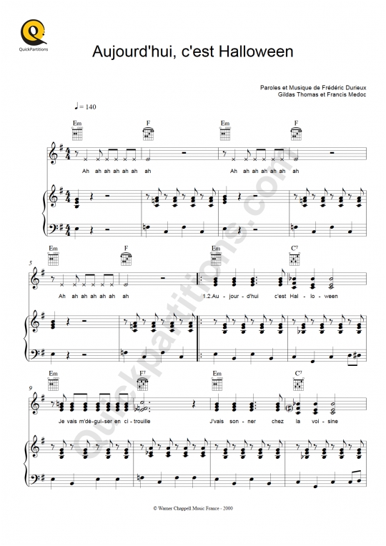 Aujourd'hui c'est Halloween Piano Sheet Music - Zut
