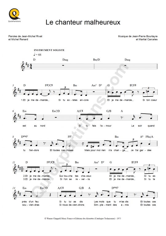 Le chanteur malheureux Leadsheet Sheet Music - Claude Francois