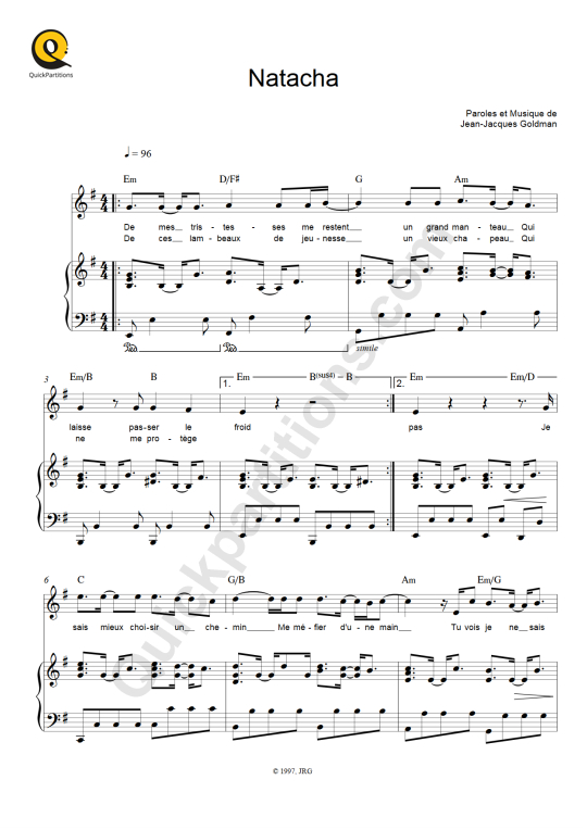Natacha Piano Sheet Music - Jean-Jacques Goldman