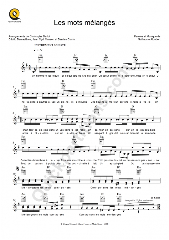 Partition pour Instruments Solistes Les mots mélangés - Aldebert