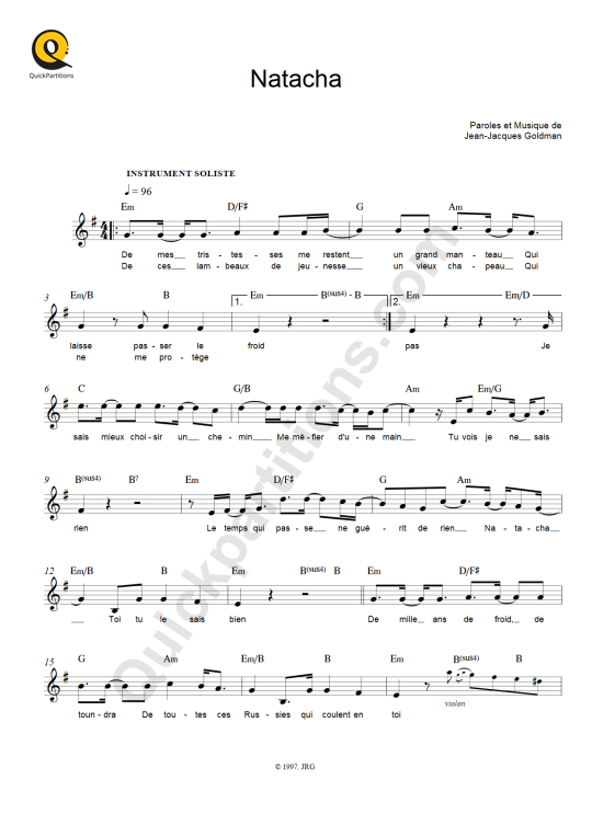 Partition pour Instruments Solistes Natacha - Jean-Jacques Goldman