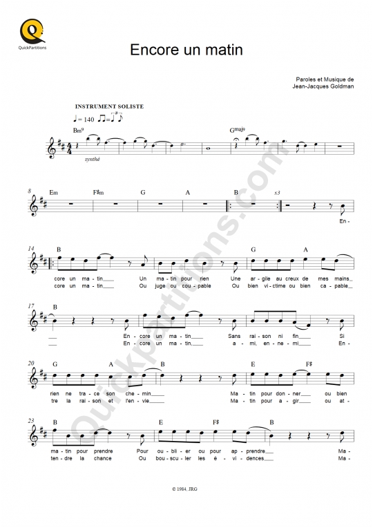 Partition pour Instruments Solistes Encore un matin - Jean-Jacques Goldman