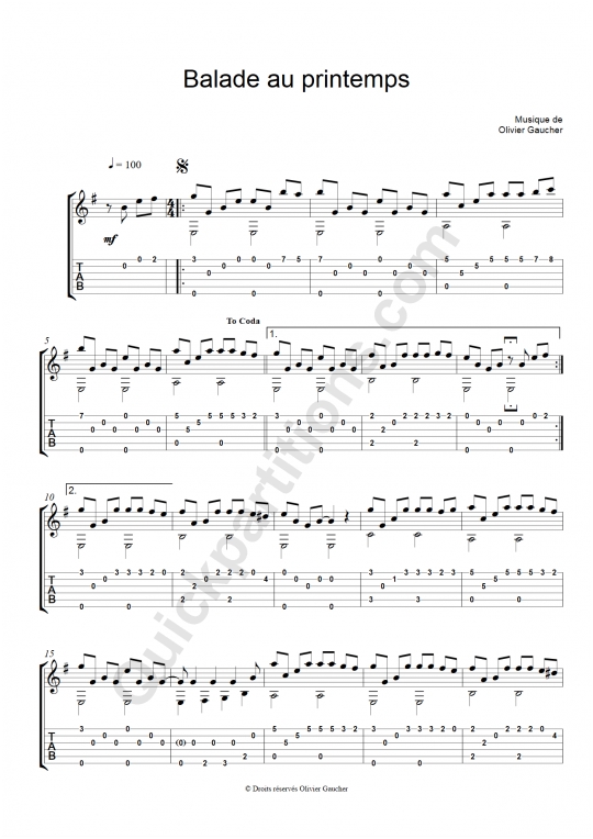 Tablature Guitare Balade au printemps - Olivier Gaucher