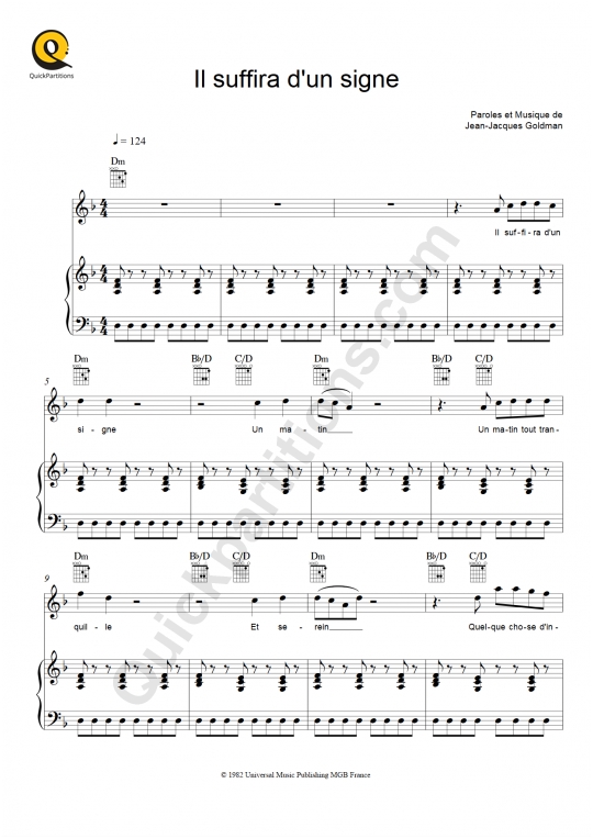 Partition piano Il suffira d'un signe - Jean-Jacques Goldman
