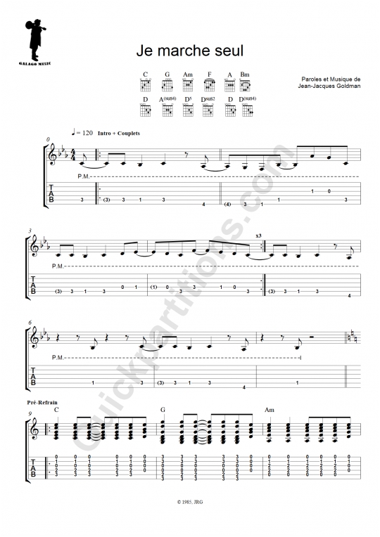 Tablature Guitare Je marche seul - Galagomusic
