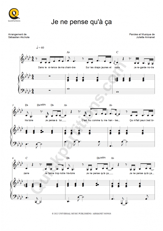 Partition piano Je ne pense qu'à ça - Juliette Armanet