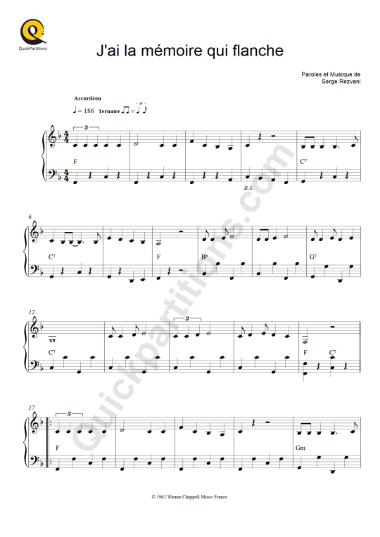 J'ai la mémoire qui flanche Accordion Sheet Music - Jeanne Moreau