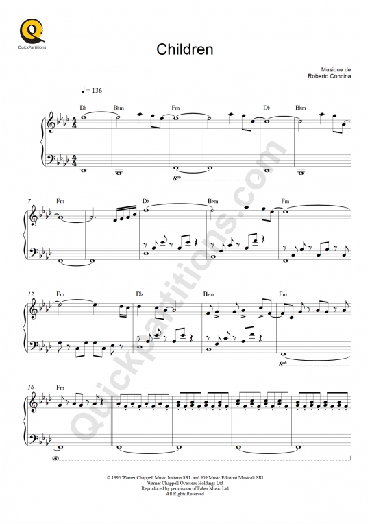 Partition piano Children - Robert Miles