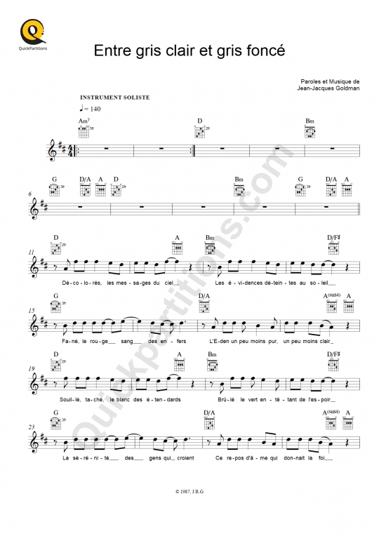 Partition pour Instruments Solistes Entre gris clair et gris foncé - Jean-Jacques Goldman