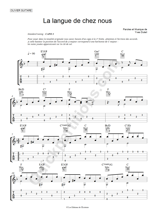 Tablature Guitare La langue de chez nous - Olivier Gaucher