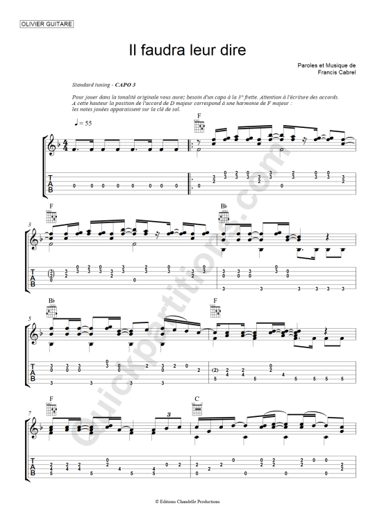 Tablature Guitare Il faudra leur dire - Olivier Gaucher