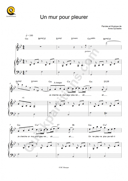 Partition piano Un mur pour pleurer - Anne Sylvestre