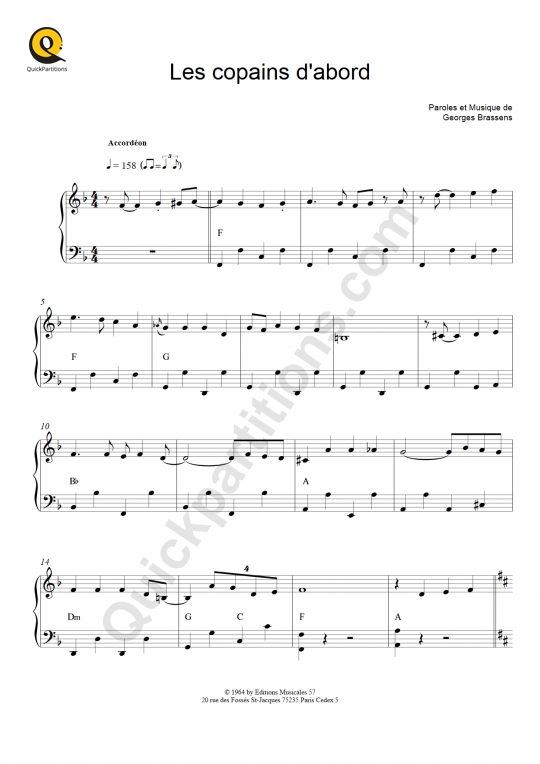 Les copains d'abord Accordion Sheet Music - Georges Brassens