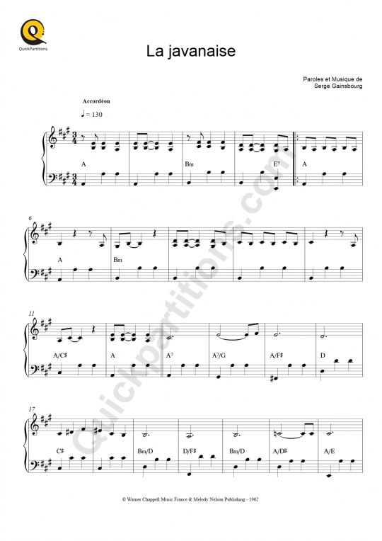Partition accordéon La Javanaise - Serge Gainsbourg