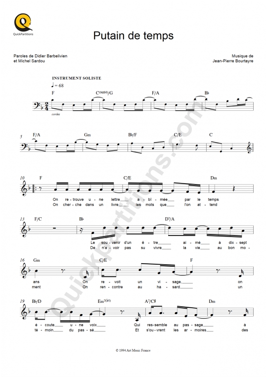 Partition pour Instruments Solistes Putain de temps - Michel Sardou