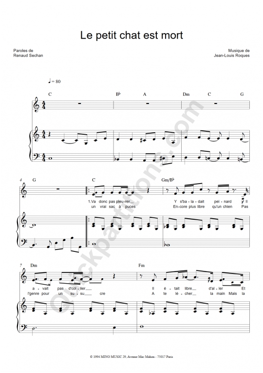 Partition piano Le petit chat est mort - Renaud