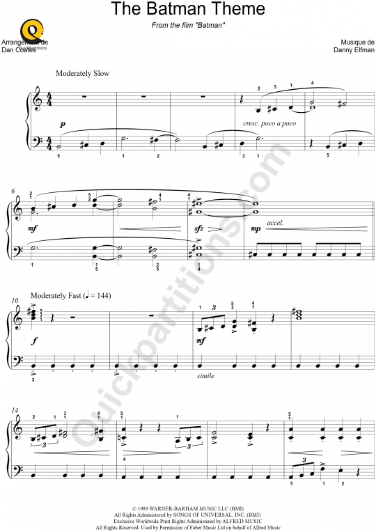 Batman Theme (Film) Easy Piano Sheet Music - Danny Elfman